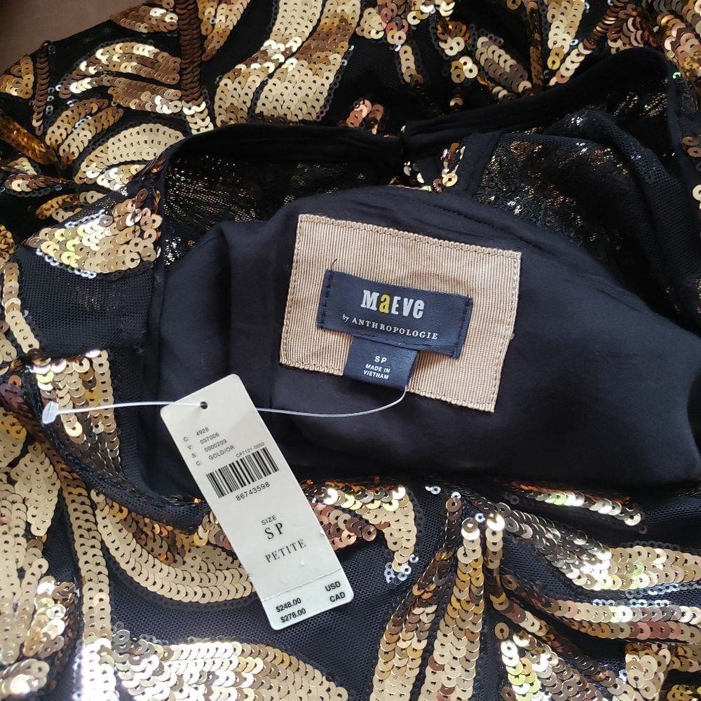 Maeve Anthropologie Short Sleeve Sheer Embellished Mini Dress Black Gold Size SP - Picture 13 of 15